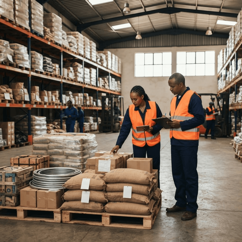 Warehouse team preparing palletized cargo